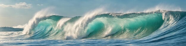 Banner met gigantische oceaansurfgolf op een zonnige dag. Zeegezichtillustratie met stormachtige zee, turquoise water met wit schuim en spatten, blauwe lucht met wolken. Generatieve AI