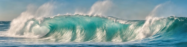 Banner met gigantische oceaansurfgolf op een zonnige dag. Zeegezichtillustratie met stormachtige zee, turquoise water met wit schuim en spatten, blauwe lucht zonder wolken. Generatieve AI