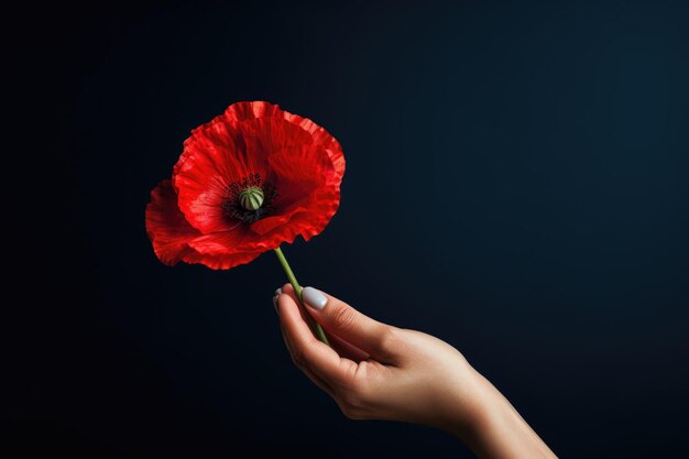 Banner met hand met rode klaproos bloemsymbool voor herdenkingsdag van anzac