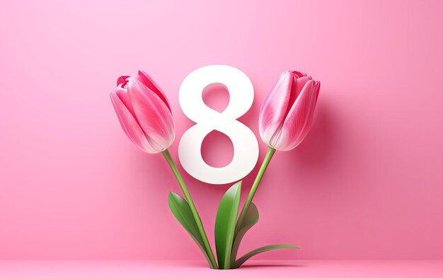 Foto banner met het symbool van 8 maart met een tulpbloem op een roze achtergrond