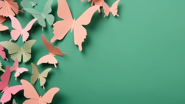 Banner met papieren vlinders groene en roze kleuren plat op een gekleurde achtergrond Kopieer ruimte