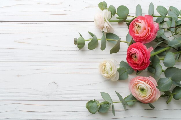 Banner met roze ranunculus en eucalyptus takken op witte houten achtergrond.