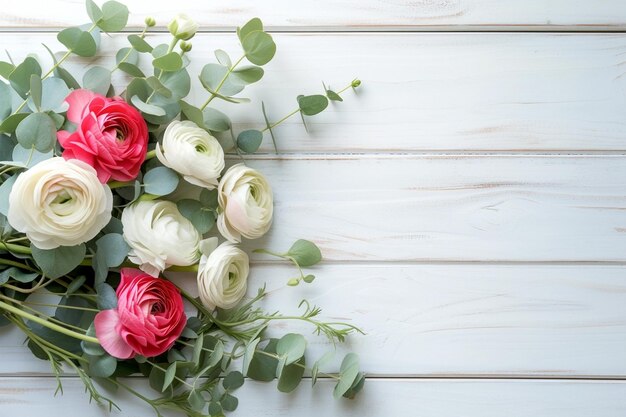 Banner met roze ranunculus en eucalyptus takken op witte houten achtergrond