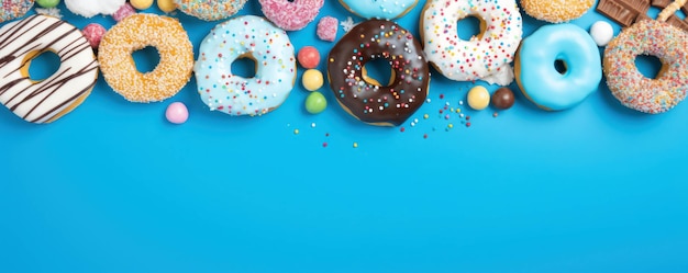 Banner met ruimte voor tekst met de afbeelding van donuts gezien van boven gegenereerd met ai
