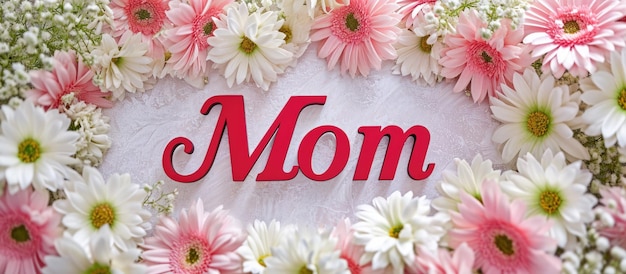 Banner met tekst moeder versierd met bloemen een hartverwarmend en bloemig eerbetoon om de essentie van het moederschap te vieren uitdrukking van liefde en waardering in prachtig ontworpen sentiment gevulde display