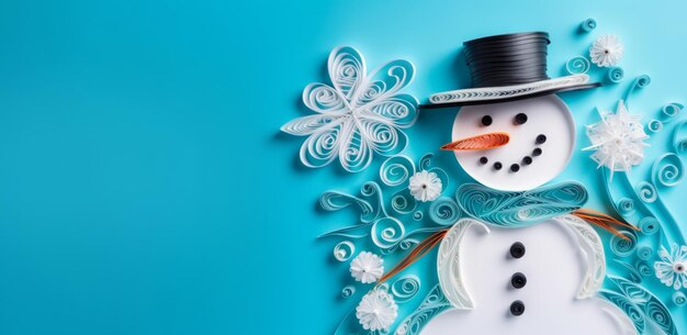 Foto banner met witte quilling sneeuwpop close-up op blauwe achtergrond bovenaanzicht prettige kerstdagen en gelukkig nieuwjaar vakantie concept