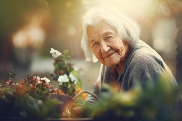 banner moederdag Een foto van je moeder die aan het tuinieren is bokeh Generatieve AI