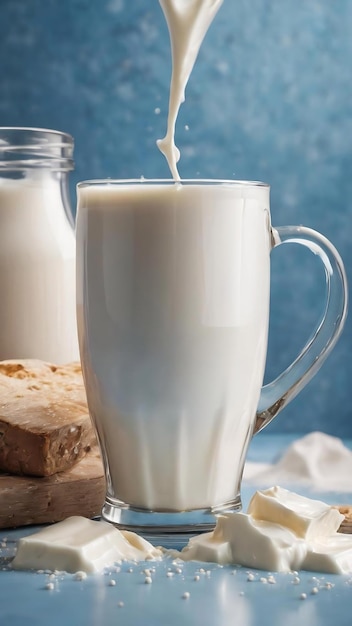 Banner of a mug of fresh milk on a blue background copy space