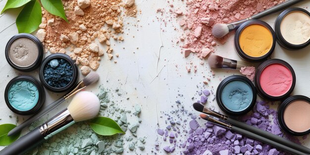 Banner of Natural Mineral Makeup and Cosmetics Multicolored shadows Light background