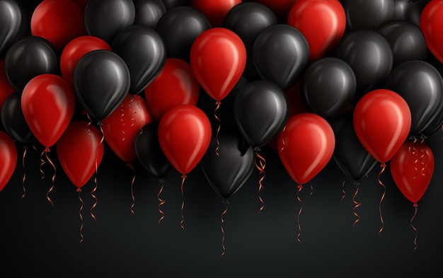 Фото Баннер группы черно-красных воздушных шаров на черном пространстве для текста