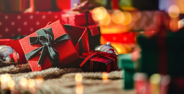 Фото Баннер рождественской новогодней праздничной концепции представляет подарочные коробки с лентами и декоративную елку с легким боке, аранжировку с композицией на столе