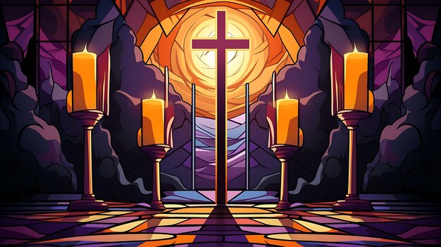 Banner of Cross With Burning Candles Deep Purple and Gold Color Scheme Candlesmas 2D Flat Designs