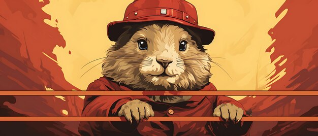 Фото Баннер groundhog wearing a firefighter helmet bold red and bright y 2d flat design иллюстрация