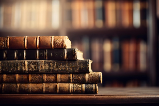 Фото Баннер или заголовок с кучей старинных кожаных книг в нефокусном фоне библиотеки