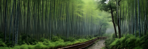 초록색 대나무 숲 한가운데 를 지나가는 길 의 발