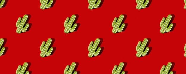 Banner Pattern mexican style green cactus on red background top view flat lay