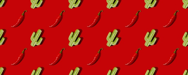 Banner Pattern mexican style red peppers and green cactus on red background top view flat lay