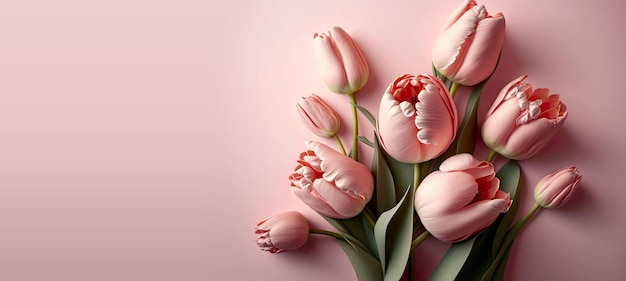 Banner of pink tulips over pastel pink color background with copy space. Generative AI.