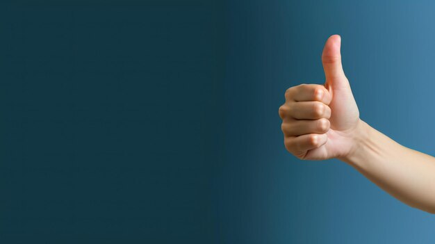 Banner portrait of an attractive woman giving thumb up sign on blue background with copy space