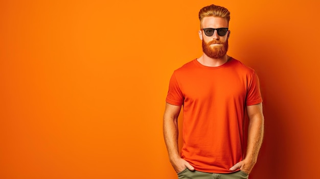 Foto banner portret van een aantrekkelijke man in een oranje hemd met gratis kopieerruimte voor tekst