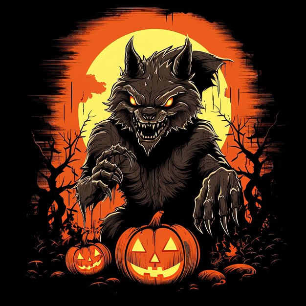 Banner poster or template for Halloween background with scary wolf forest moon