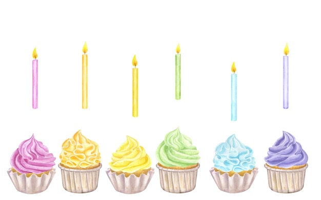 Banner rainbow multicolored cupcakes muffins whipped cream candles watercolor illustration isolated