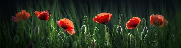 Banner Red poppies on the background of green grass and ears of corn Generate Ai