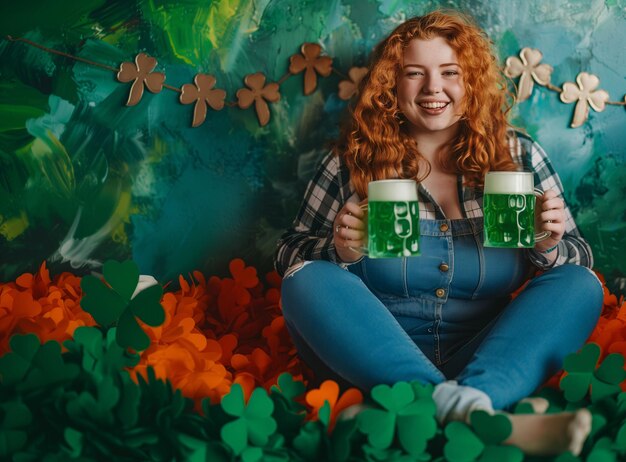 세인트 패트릭의 발 두 잔의 녹색 맥주를 들고 있는 빨간 머리 여자