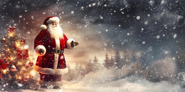 Banner Santa Claus in Forest Magic Christmas Stars AI