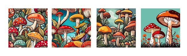 Foto banner set a disegno senza cuciture con funghi commestibili velenosi non commestibili disegnati a mano funghi di cartoni animati