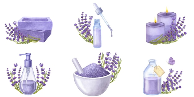 Banner set violet lavender flowers essential oil cosmetics bottles watercolor illustration isolated