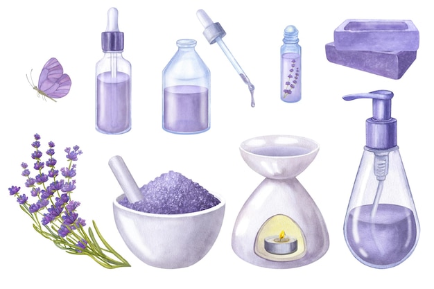 Banner set violet lavender flowers essential oil cosmetics bottles watercolor illustration isolated