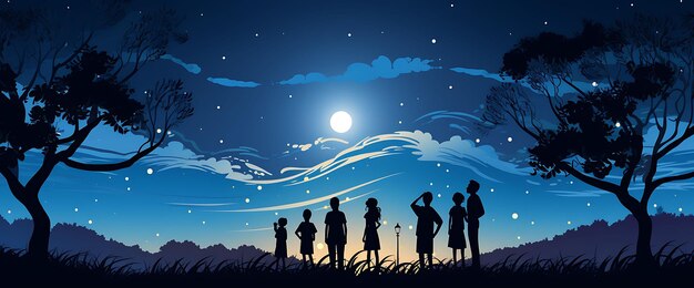 Banner of silhouette of a teacher and students against a moonlit sky d 2d flat art creative design