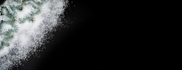 Banner of sparkling fuffy white snow isolated on black background