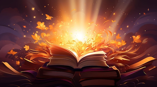 Banner of Stack of Books With a Shining Light Bursting From the Top Go 2D Flat Art Creative Design