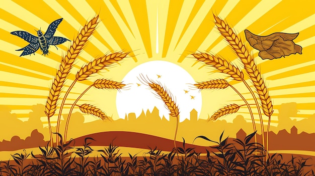 Banner of sustenance fields of golden wheat and maize portra thanksgiving holiday design idea