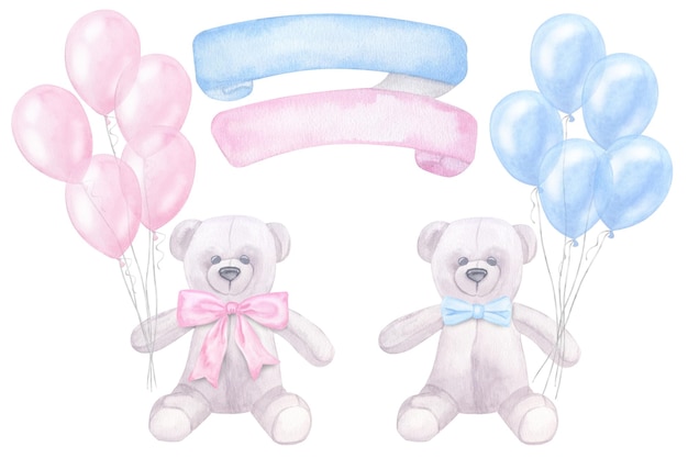 Banner teddy beren blauw roze boog ballonnen lint pasgeboren meisje jongen waterverf illustratie geïsoleerd