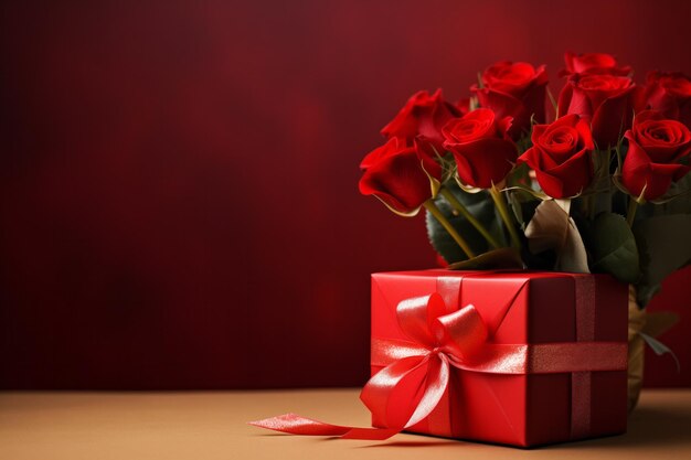 Banner template of beautiful roses bouquet with gift box on red background with empty copy space