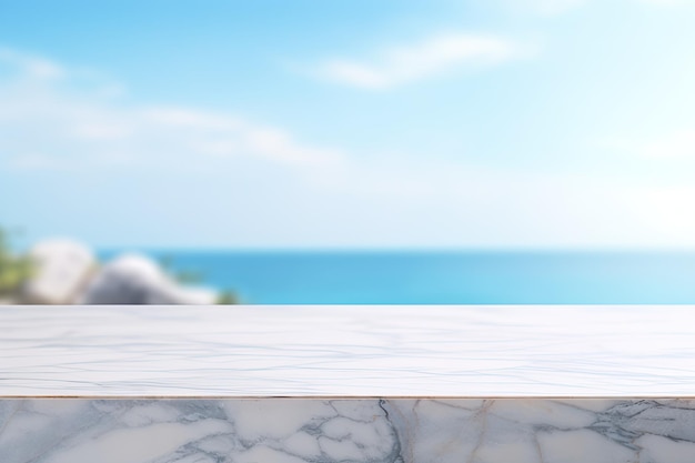 A banner template with a blank glossy white marble table top depicting a blurred background of blue sky and sea bokeh it serves as a mockup for displaying various products