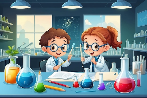Banner template with two kids working in science lab at school b