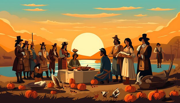 Banner of Thanks Pilgrims and Native Americans Gathering Aro Thanksgiving Holiday Design Idea