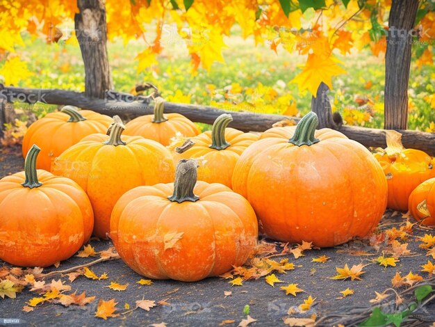 Banner of thanksgiving pumpkins on autumn dry foliage