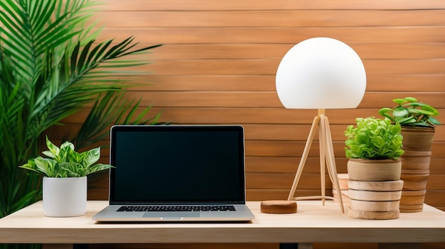 Banner toont een stijlvolle werkruimte met een moderne laptop designer lamp en groene planten op een houten tafel