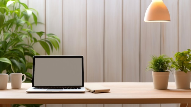 Banner toont een stijlvolle werkruimte met een moderne laptop designer lamp en groene planten op een houten tafel