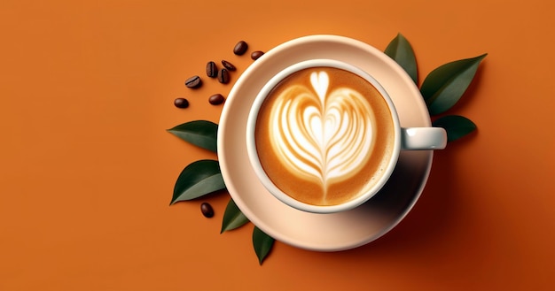 Banner top view image of coffee latte art over orange background and copy space Milk foam
