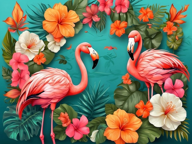 Banner of Tropical flowers plants leaves and flamingos Vector illustration Hawaiian background