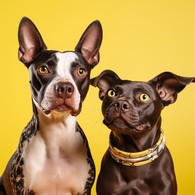 Banner two funny hungry pets dog and sphynx cat licking its lips Isolated on yellow background