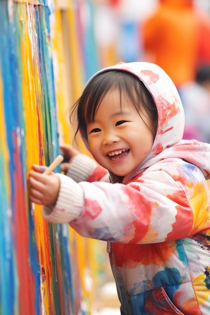 Banner of unidentified little girl is painting the colorful rainbow and sky on the wall and she look