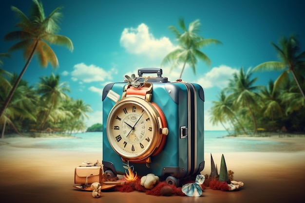 A banner for vacation travel time with an open travel suitcase generative ai