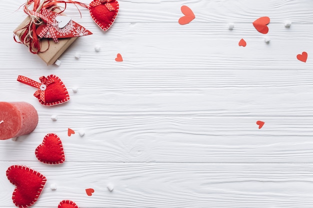 Banner for Valentine day with decorative hearts, candles and gifts